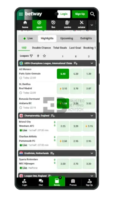 Betway for Android - Sports betting homepage