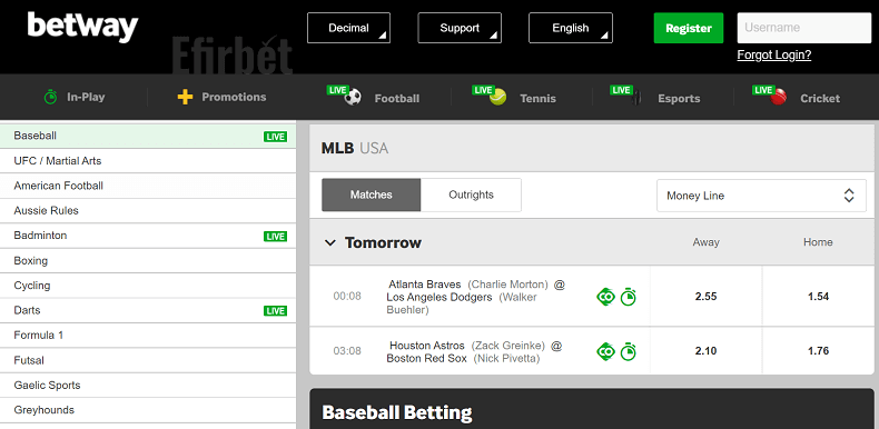 Betway baseball betting