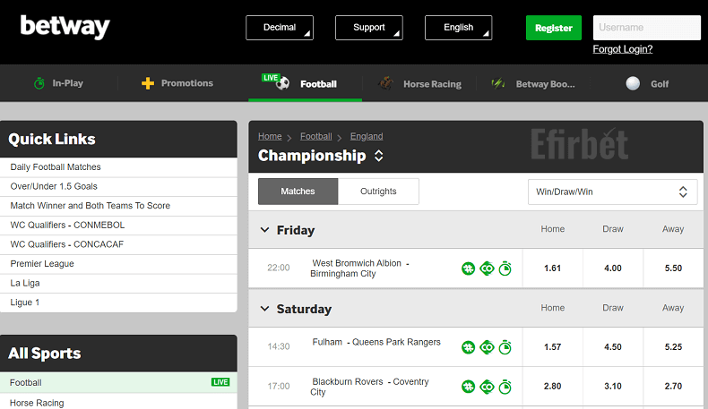 Betway EFL Championship betting