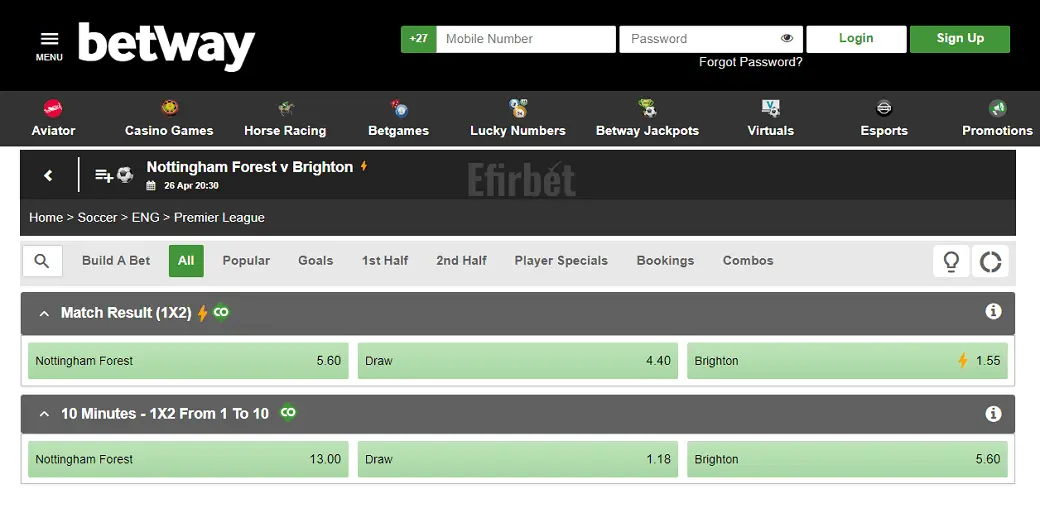 Betway first 10 minutes draw market