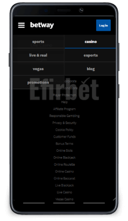 Betway mobile casino menu