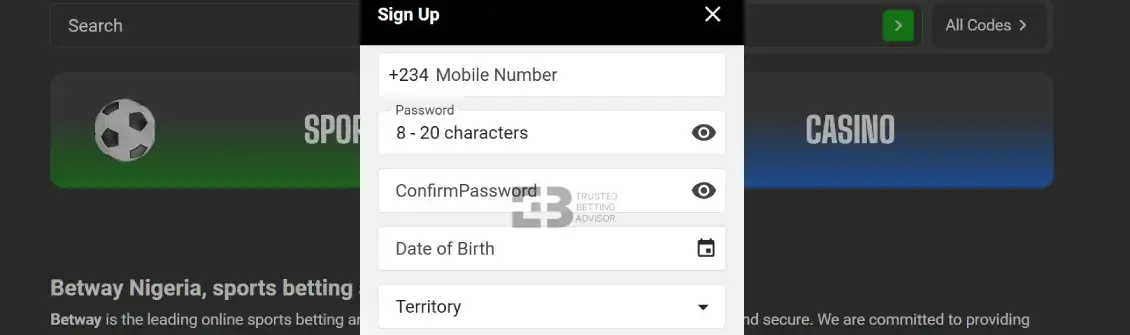 Betway sign up screenshot