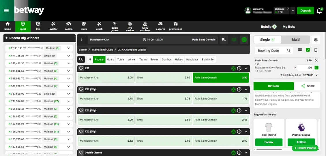 Betway Nigeria Single Bet