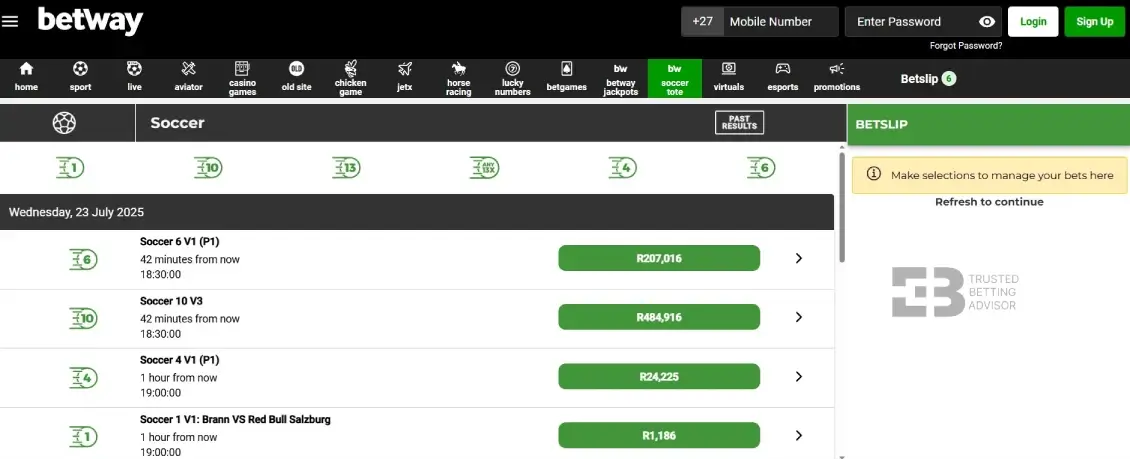 Betway soccer tote list