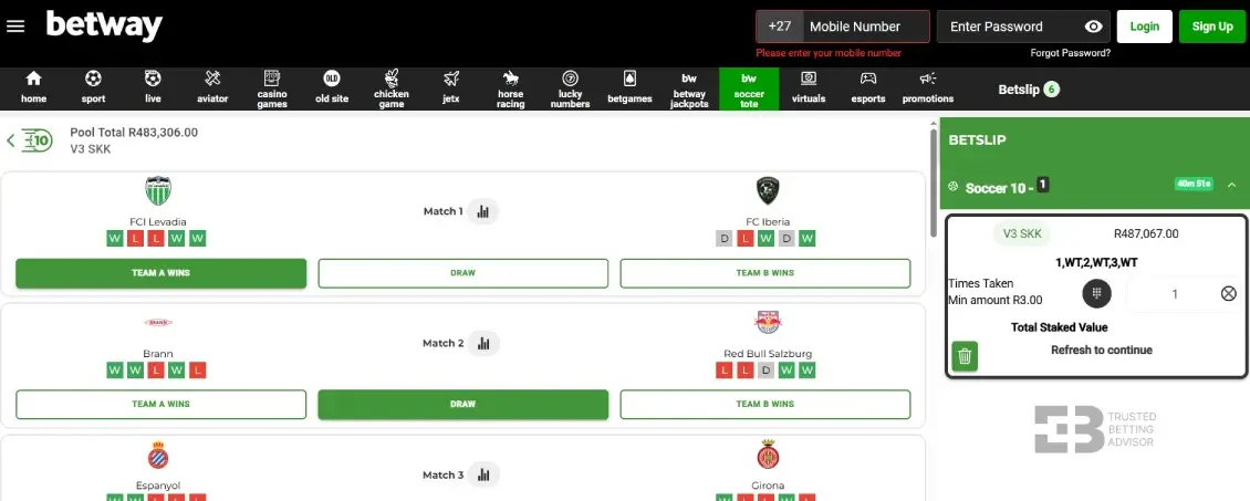 Betway soccer tote