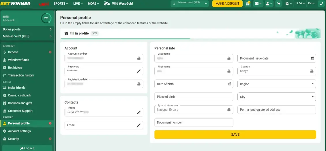 Betwinner Account information