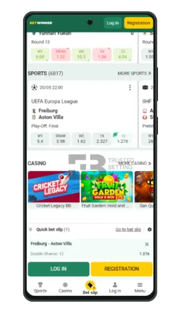 Betwinner Android App homepage