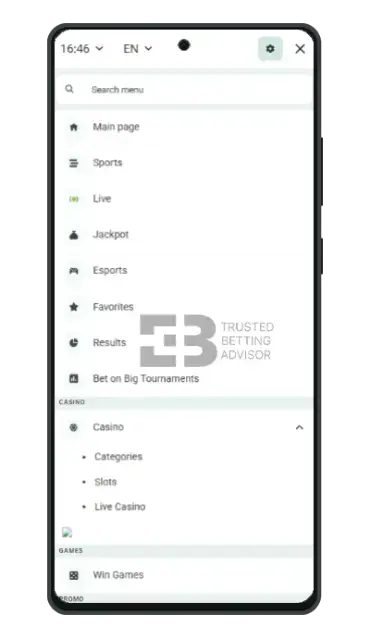 Betwinner App fro Android - Navigation