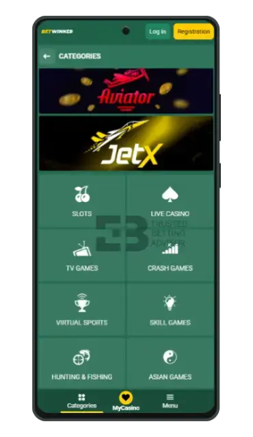 Betwinner Casino Navigation mobile