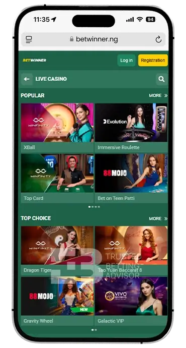 Betwinner iOS App Nigeria Live Casino