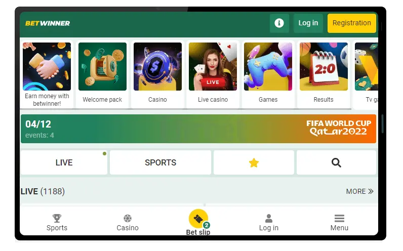 Betwinner mobile app on tablet