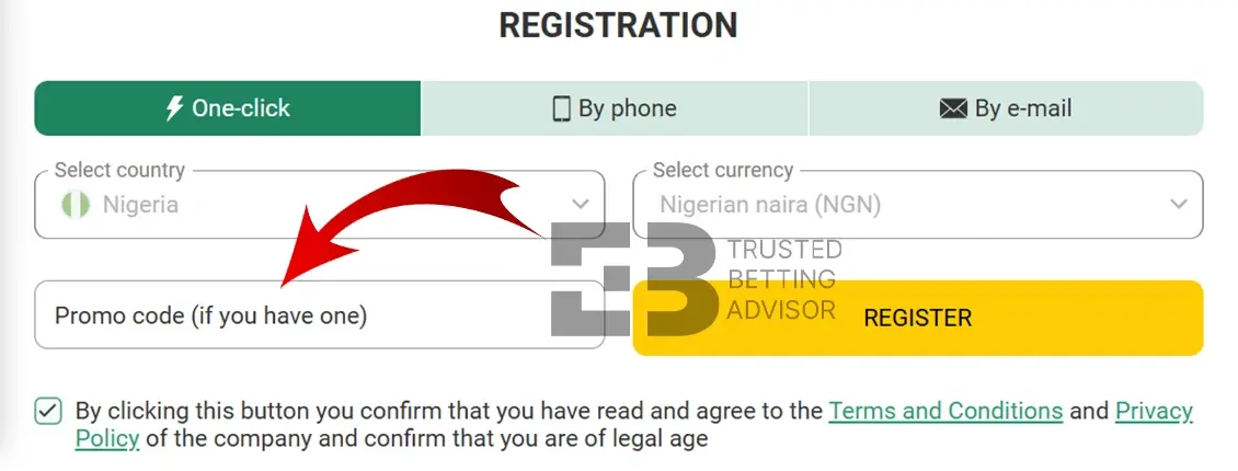 Betwinner Nigeria Promo Code Field
