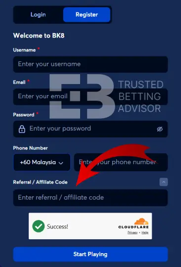 BK8.io Promo Code Field
