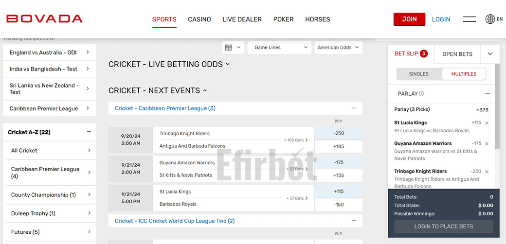 Bovada Cricket Betting