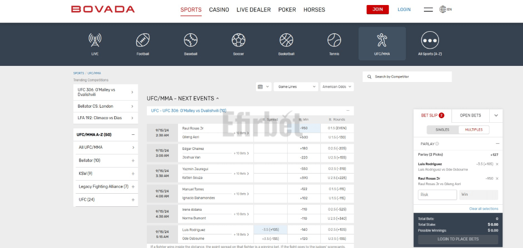 Bovada UFC MMA Betting Section Overview