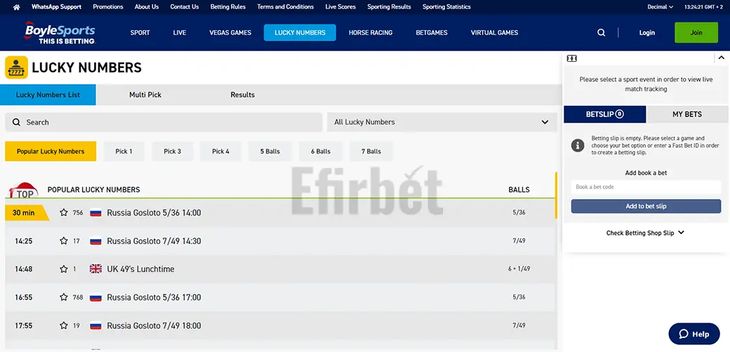 BoyleSports Lucky Numbers Sections