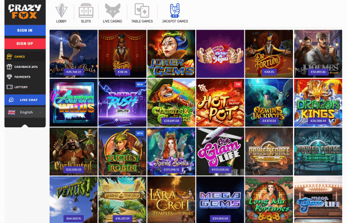 CrazyFox casino desktop screenshot