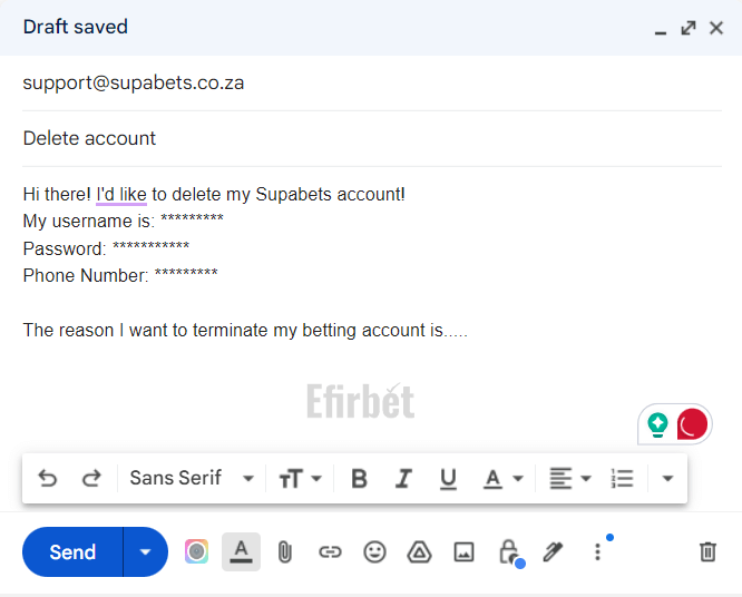 Delete Supabets account via email