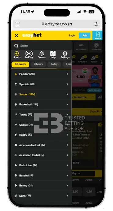 Easybet iOS App Menu