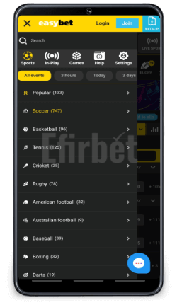 Easybet Mobile App Menu