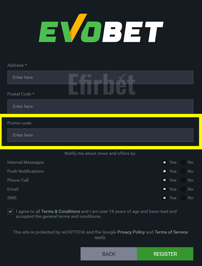 Evobet's bonus code field