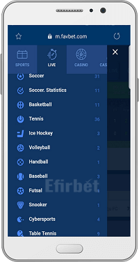 Menu in the Sports section of FAVBET Android app