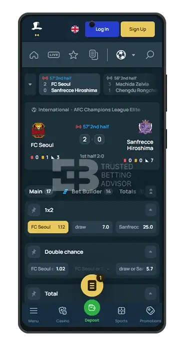 FortuneJack Mobile Live Betting Section Android