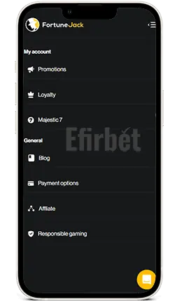 FortuneJack mobile menu on iOS