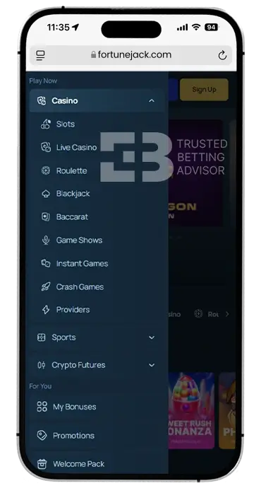 FortuneJack Mobile Menu iOS