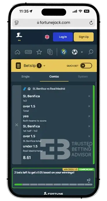 FortuneJack Mobile Betslip iOS