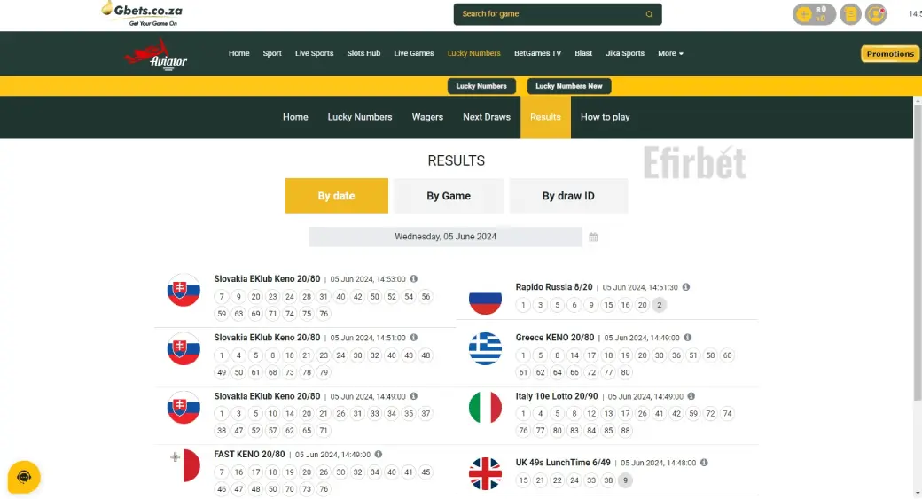 Gbets Lucky Numbers Results