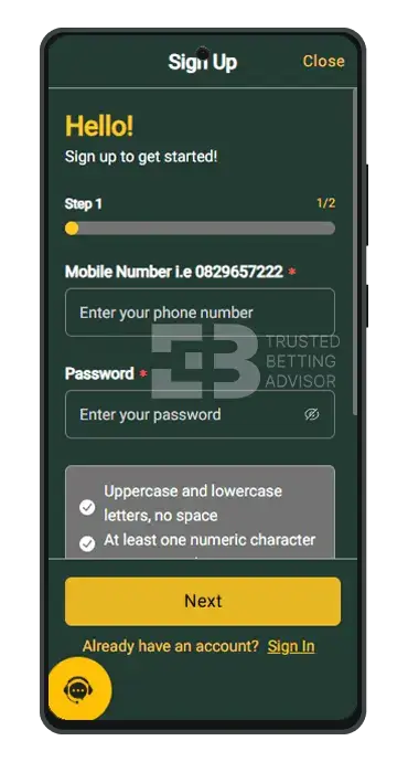 Gbets Mobile Registration