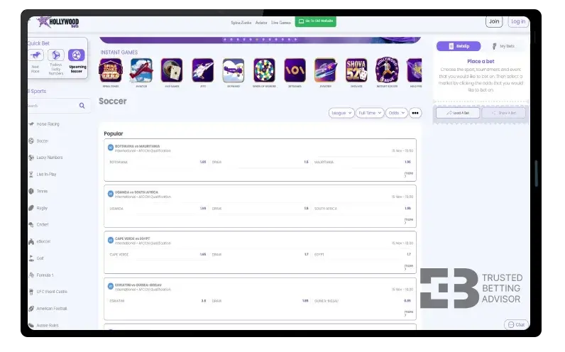 Hollywoodbets Mobile version Tablet Overview