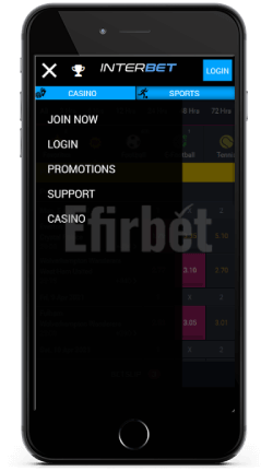 Interbet mobile menu on iOS