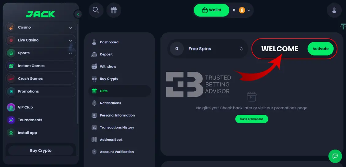Jack Casino Promo Code Field