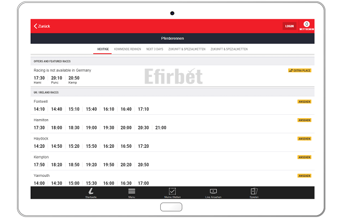 Die mobile Website von Ladbrokes auf einem Tablet