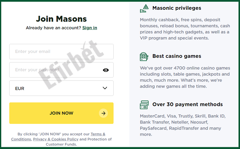 MasonSlots Casino Registration