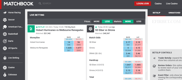 matchbook live betting section