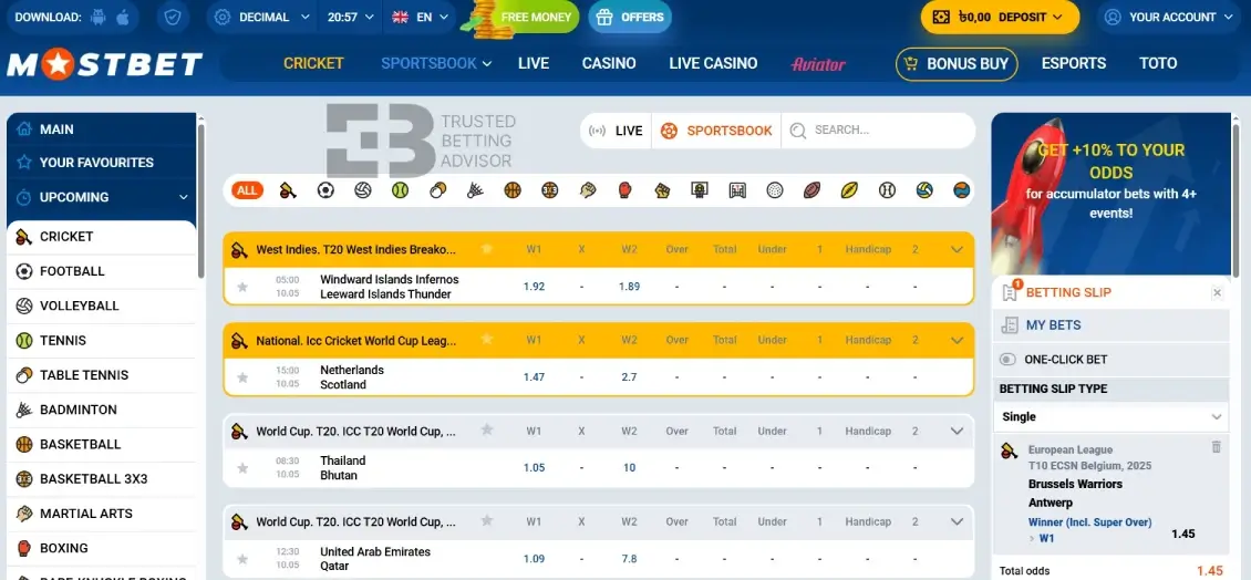 Mostbet 1 Sportsbook screenshot