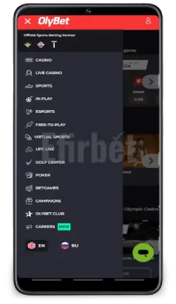 Olybet mobile navigation and menu