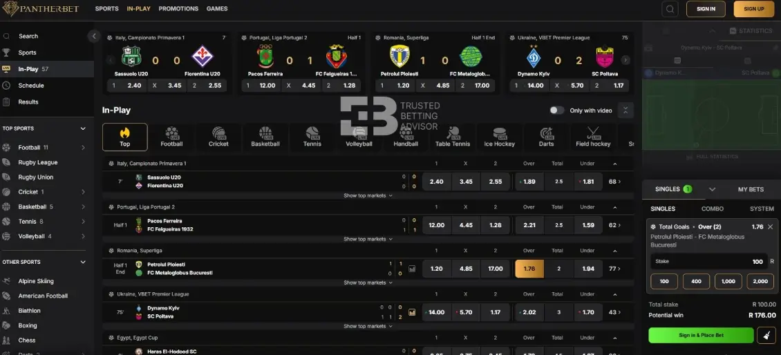 panther bet live betting section