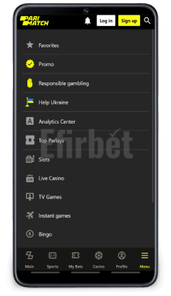 Parimatch android app menu