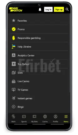 Parimatch android app menu