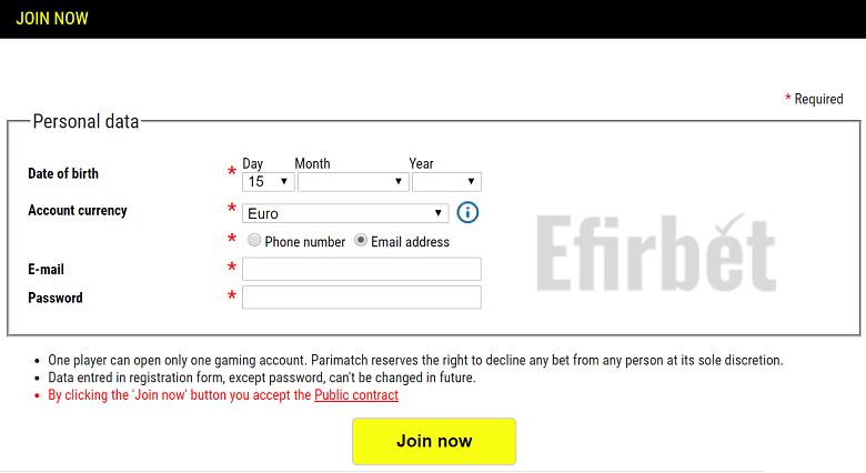 Parimatch registration with an e-mail