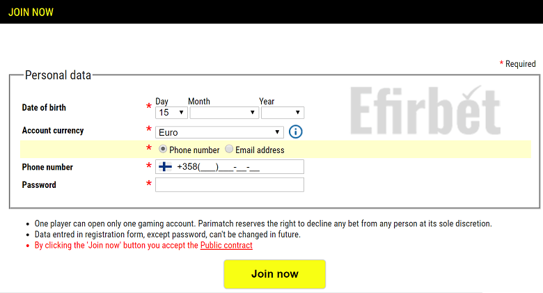 Parimatch registration with phone number