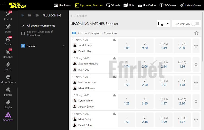 Parimatch snooker betting