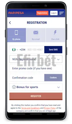 Paripesa mobile registration on Android