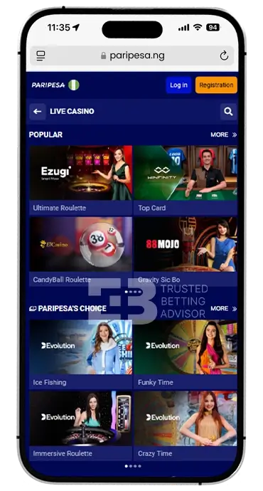 Paripesa App Live Casino iOS