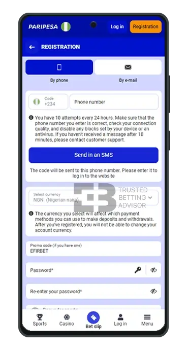 Paripesa App Registration Form Android