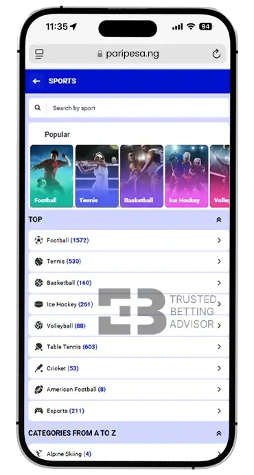 Paripesa App Sports Menu iOS